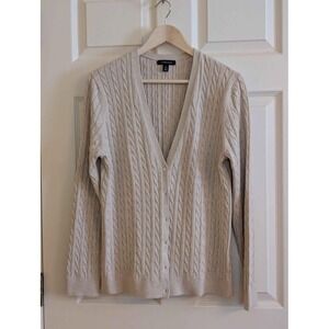 Lands' End Cable Knit Cardigan L 14-16 Cream Cotton Button Front Fitted Preppy